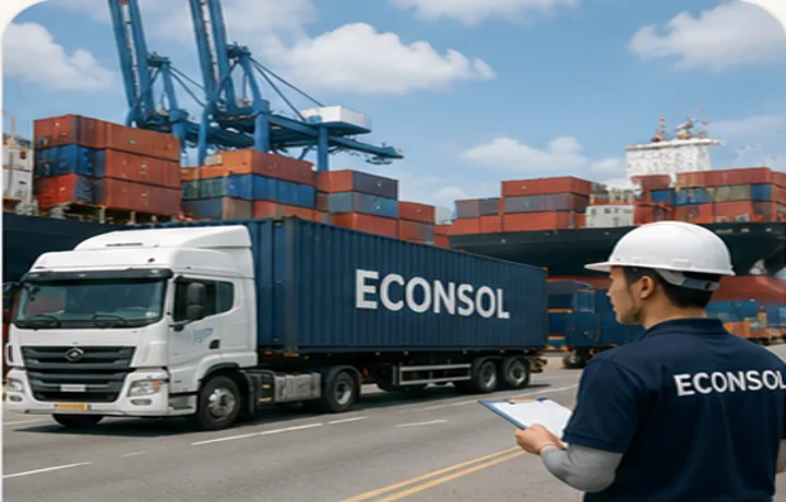 Nhân sự logistics ECONSOL kiểm tra tuyến vận chuyển Việt Nam Châu Âu tại cảng và xe container