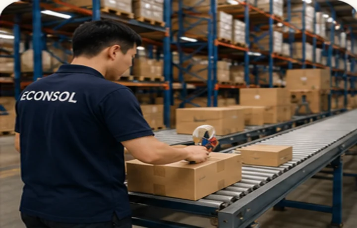 Nhân sự kho ECONSOL xử lý kiện hàng trong khu vực kho bãi và fulfillment