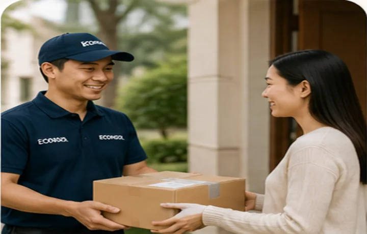 Nhân sự giao nhận ECONSOL bàn giao kiện hàng cho khách và chăm sóc sau gửi