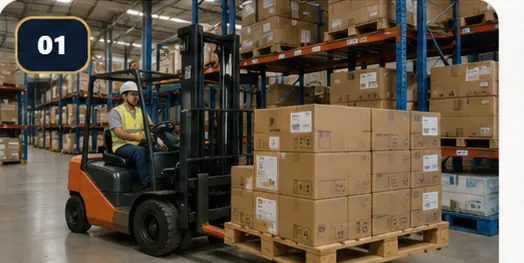 Nhân viên kho tiếp nhận pallet hàng trong kho logistics