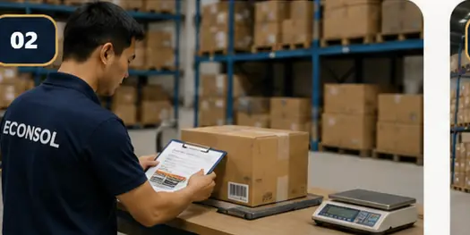 Nhân viên kiểm đếm kiện hàng và đối chiếu thông tin trên máy tính bảng